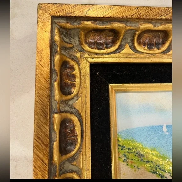 Vintage handpainted mom and daughter beach scene on tile. Gorgeous golden frame